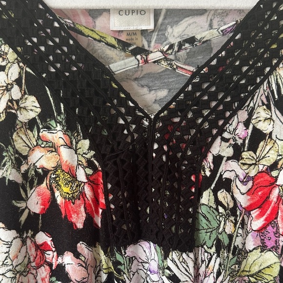 CUPIO | Boho Black Floral Women's Top with Trumpet Bell Sleeves and Lace Details - Picture 5 of 10